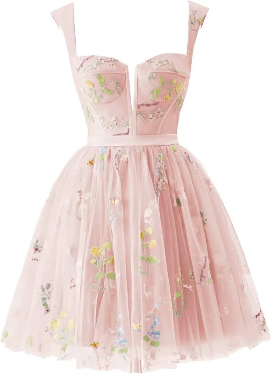 Basgute Flower Embroidery Short Tulle Homecoming Dresses for Teens Corset Mini Prom Dress Fairy Formal Party Gown