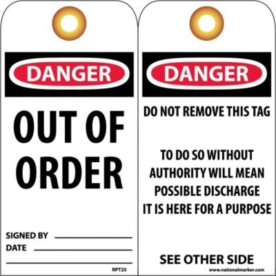 NMC RPT25G "Danger - Out of Order" Accident Prevention Tag with Brass Grommet, Unrippable Vinyl, 3" Length, 6" Height, Orange, Black/Red on White (Pack of 25)