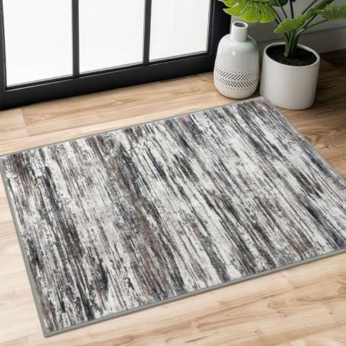 2x3 Grey Brown Modern Abstract Rug for Entryway, Super Soft Small Area Rug, Washable Non-Slip Kitchen Rugs, Low-Pile Mat for Kitchen, Bedside, Indoor Door Mat