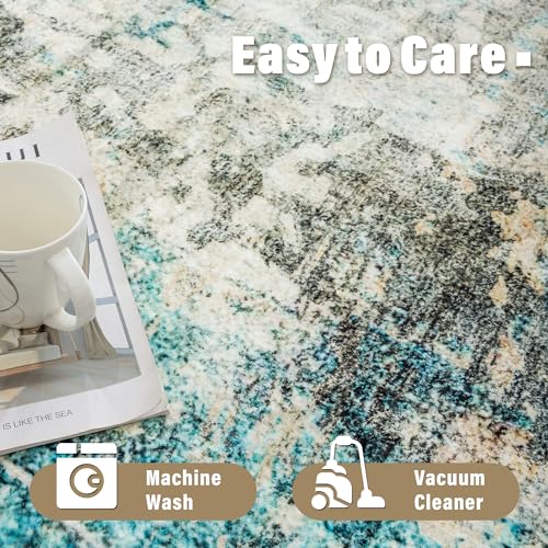 Carvapet 6x9 Large Rugs for Living Room Bedroom Kids Room, Washable Teal Modern Abstract Low Pile Carpet with Rubber Backing, Foldable, Non Slip Thin Area Rug, Ultra Soft