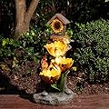 Glitzhome 28.5" H Farmhouse Outdoor Garden Water Fountain with LED Lights and Pump, Rustic Sunflowers Rooster Birdhouse Patio Waterfall Fountain, Floor Standing Cascading Fountain for Porch Backyard