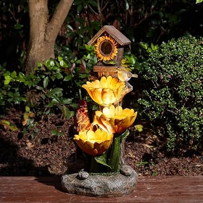 Glitzhome 28.5" H Farmhouse Outdoor Garden Water Fountain with LED Lights and Pump, Rustic Sunflowers Rooster Birdhouse Patio Waterfall Fountain, Floor Standing Cascading Fountain for Porch Backyard