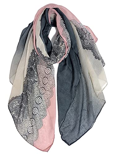 DAMILY Foulard Femme Motif de Dentelle Écharpe Châle Doux, Gris+rose, 90 x 180 cm