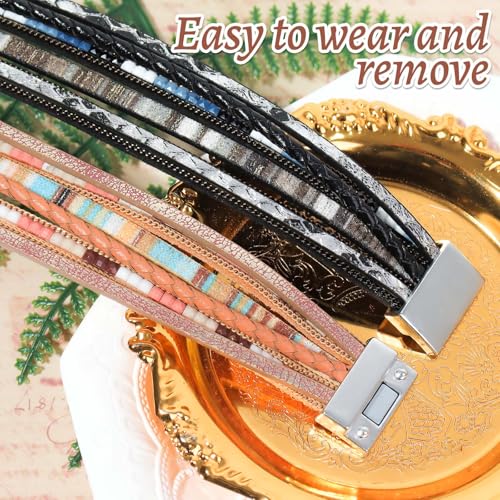 2 Pcs Leather Wrap Bracelets for Women Boho Rustic Multi-Layer Bracelet Clasp Beads Stackable Faux Rhinestone Bracelet Cuff for Women Slender Wrist4