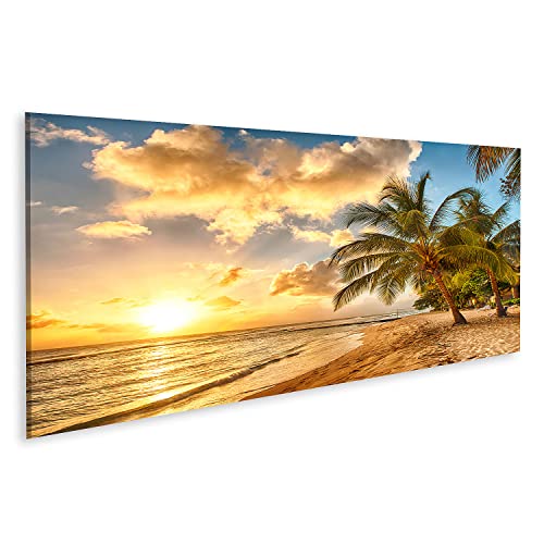 islandburner Tableau sur toile Magnifique coucher de soleil sur la mer avec vue sur les palmiers Barbade Caraïbes Cadre Affiche Poster Murale Tableaux