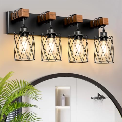 Image of IZORRO Farmhouse Bathroom Vanity Light, 4-Light Wood Bathroom Light Fixtures Over Mirror, Black Industrial Vanity Lights with Metal Shade, Rustic Restroom Lighting Fixtures