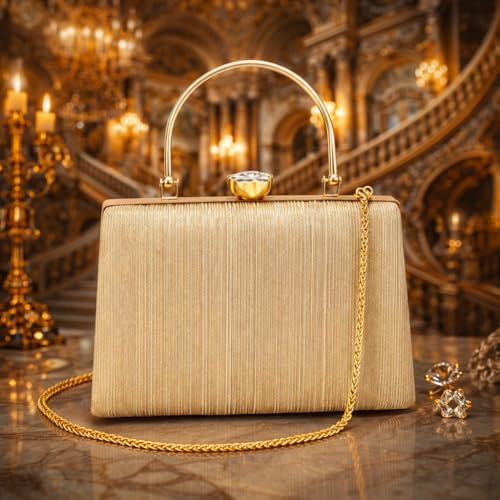 Image of Elegant Gold Textured Metal Handle Clutch Handbag for Women - Party & Wedding Purse