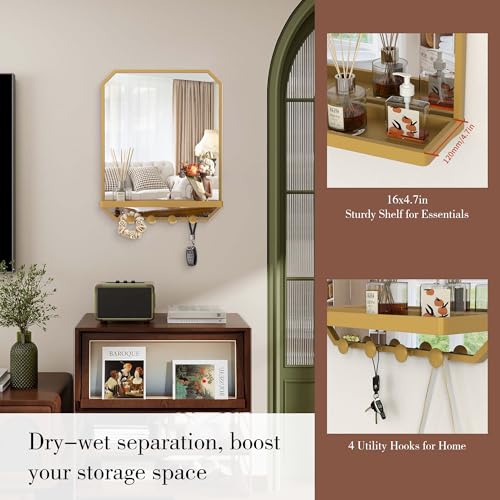 Image of BEAUTME Rectangular Bathroom Mirror with Shelf, 20x16 inch Metal Frame Wall Mirrors with Hooks, Modern Vanity Mirror Wall Mounted for Living Room Bathroom Entryway, Vertical (Gold)