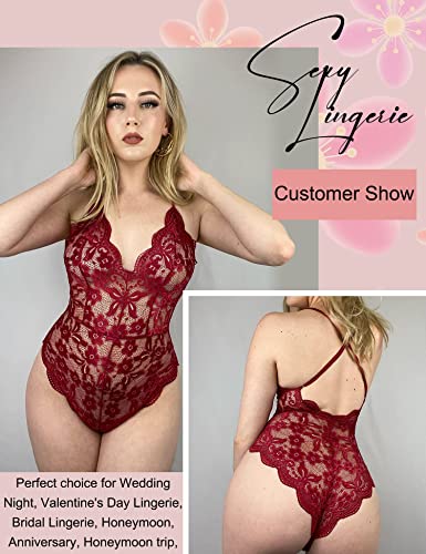 Image of Avidlove Sexy Lingerie for Women Deep V Teddy Sheer Lace Bodysuit Snap Crotch One Piece Babydoll