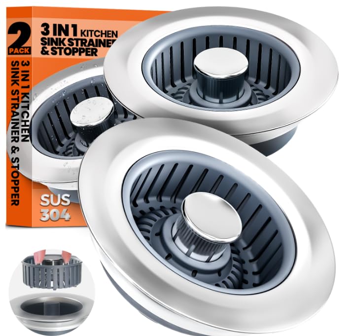 Comparison: Best Material For Kitchen Sinks 9 Kitchen Sink Drain Strainer & Sink Stopper, Upgraded 3 in 1 Stainless Steel Drain Plug Combo with Anti-Clog Basket, Pop Up Drain Cover for Standard 3-1/2'', Fits Double Bowl Kitchen Sinks
