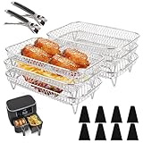 AHAQU 2 Set Air Fryer Racks, 304 Stainless Steel Air Fryer Shelf, 3 Layers Air Fryer Accessories for Ninja Dual, Rectangular Air Fryer Basket with Silicone Feet and Clip