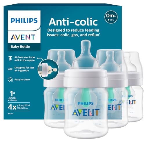 Image of Philips Avent Anti-Colic Baby Bottle with AirFree Vent, Slow Flow, 4 oz | For Ages 0 Month+, Reduces Colic, Gas & Reflux, Flow 1 Nipple with Secure Latch System, BPA-Free, 4-Pack, Clear, SCY701/04
