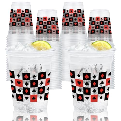 Wobeny 50 Pcs 12 oz Casino Party Plastic Cups, Disposable Playing Card Design Cups with Hearts, Spades, Clubs, and Diamonds for Poker Nights, Birthdays, Vegas Theme, and Casino Night Party Supplies