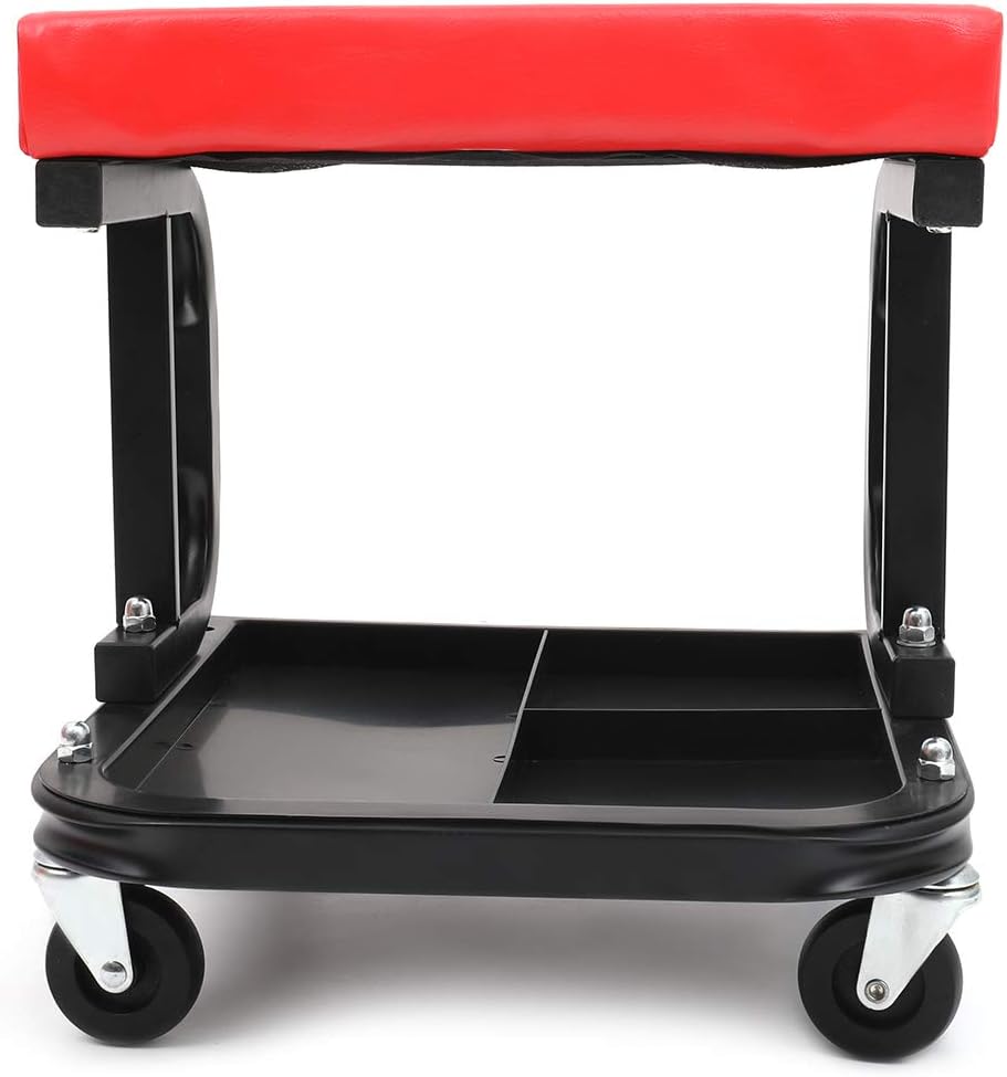 SCITOO Mechanic Rolling Creeper 4-Wheel, Garage Used, with Padded Headrest and Tool Trays, Red