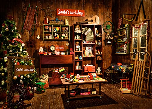 Christmas Santas Workshop Photography Backdrop Vintage Rustic Wood House Cottage Gift Xmas Tree Decoration Background Kids Indoor Portrait Photo Studio Photobooth Props 7X5FT CEM251B