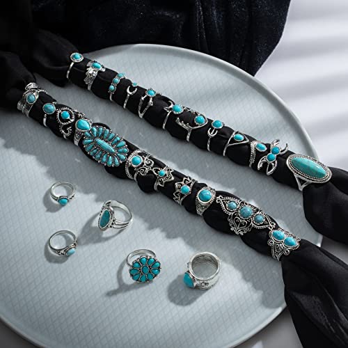 Vintage Silver Knuckle Rings Set for Women Western Turquoise Rings Bohemian Midi Ring Bulk, Chunky Rings,Retro Stone Crystal Stackable Joint Finger Ring Pack2