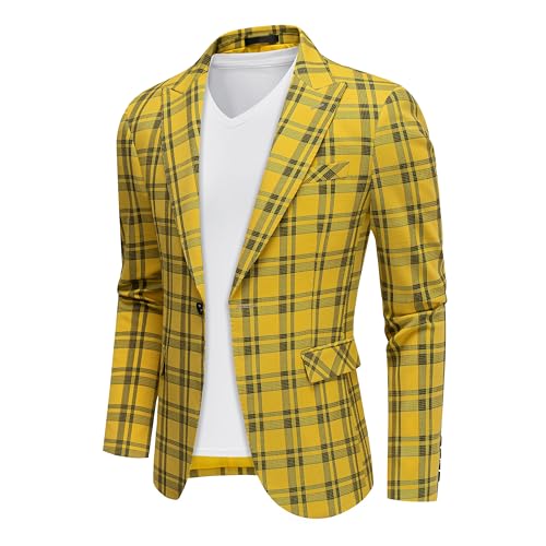 UNINUKOO Men's Blazer Plaid Casual Slim Fit Sport Coats One Button Lightweight Checkered Suit Jacket US Size 44 Yellow