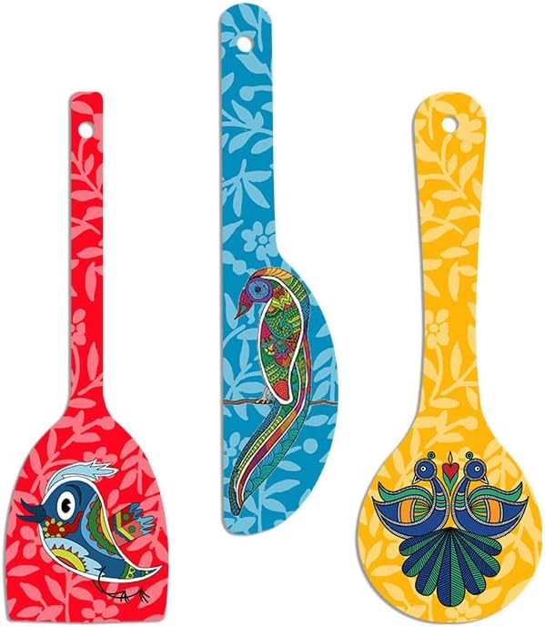 Artvibes Birds Wooden Wall Hanger Spoons for Home | Office | Living Room | Gift | Modern Decoration Items | Kitchen Wall Decor | Home Decor Hanging Items (WH_5021N), Set of 3