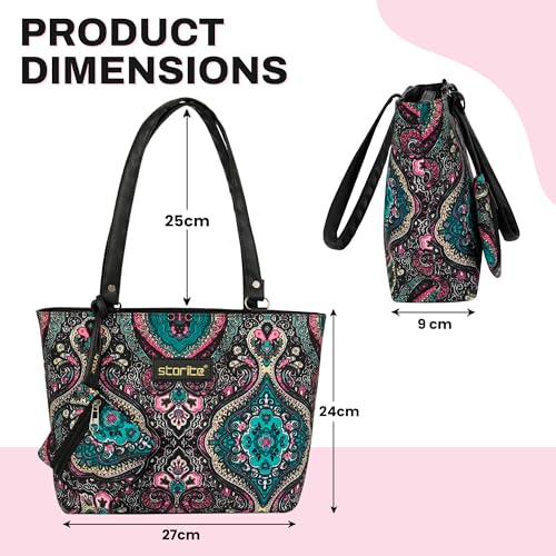 Image of Storite Women's Tote Bag With Leather Handles & Embroidery Printed bag With Zip Pockets, Shoulder Tote Bag And Handbag For Office And College