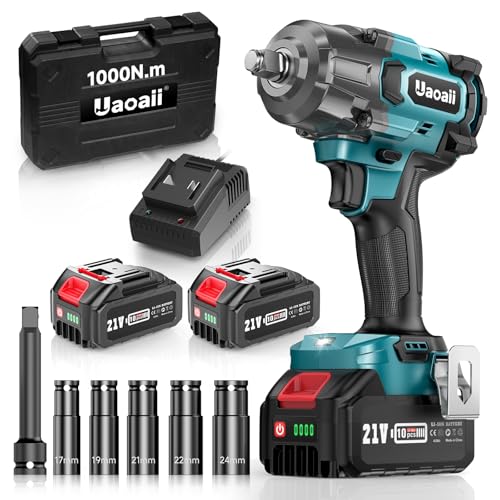 Uaoaii Llave de Impacto Inalámbrica Brushless 1/2' 1000Nm Llave de Impacto Eléctrica Batería 4000mAh Adaptador Destornillador de Impacto 5 Casquillos incluidos Potencia y Facilidad para