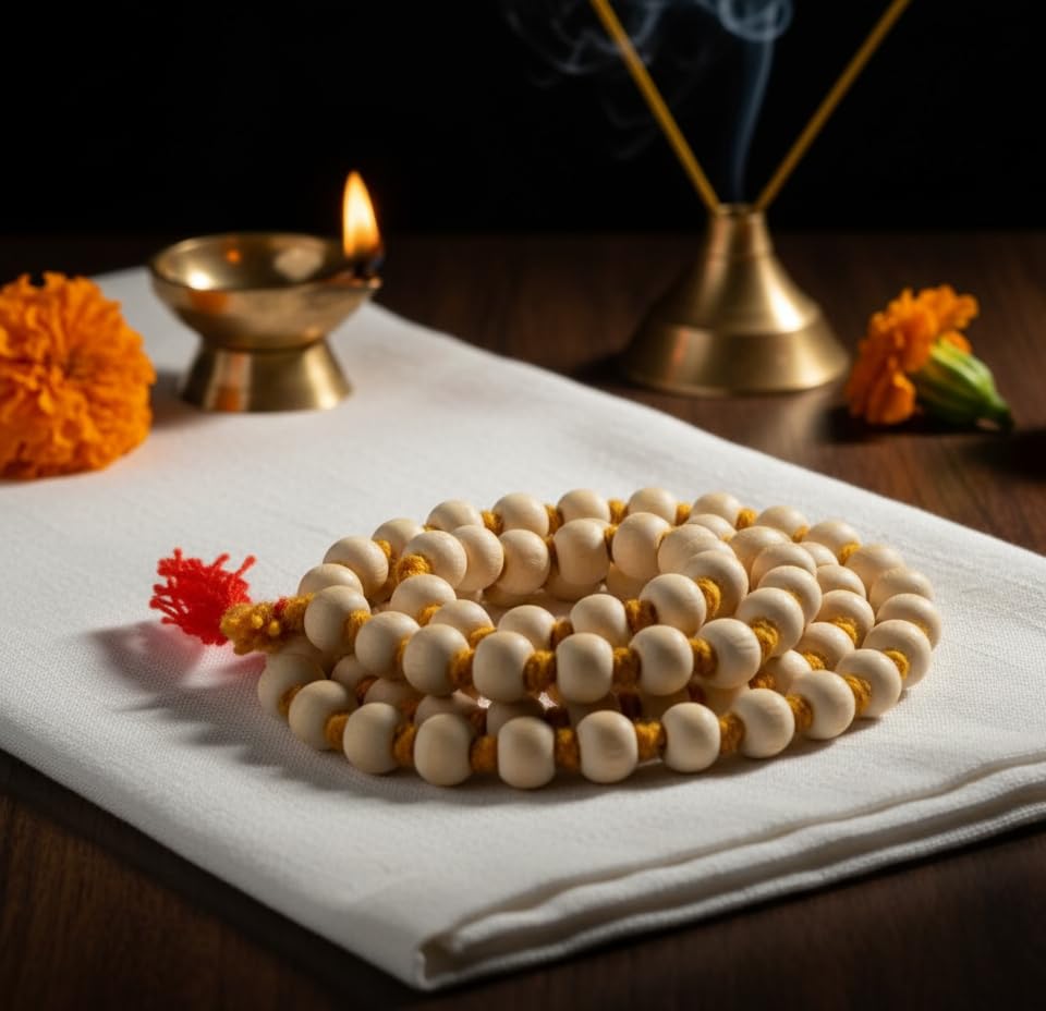 Image of Original Tulsi Japa Mala from Vrindavan Dham | 108+1 Pure Tulsi Wood Beads (22 Inch /7MM Beads) for Meditation & Chanting | ISKCON Style Hindu Spiritual Rosary for Men & Women | Bhakti & Pooja Mala