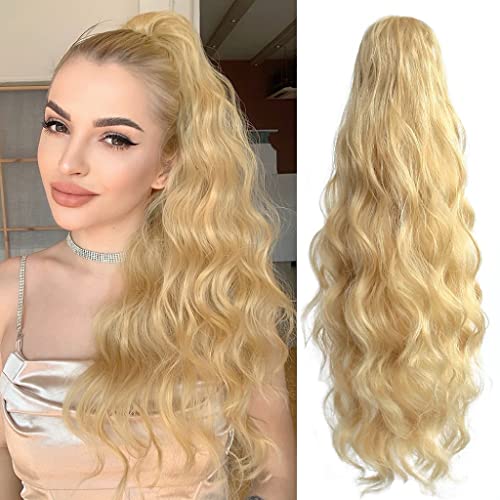 StrRid Blonde Ponytail Extension, Hair Extensions Ponytail Claw 22" Wavy Synthetic Fake Hair Clip in Ponytail Wig Daily Fluffy Pony Tail Curly Black Hair Pieces for Women Brown 6 oz-Blonde