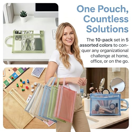 Image of Goaste 10 Pack Mesh Zipper Pouch Bags, Double-Layer Nylon Mesh Bags with Handle, Portable Puzzle Building Block Sets Toy Storage Bags, Colored A4 Document Storage Organizer for School Office Games