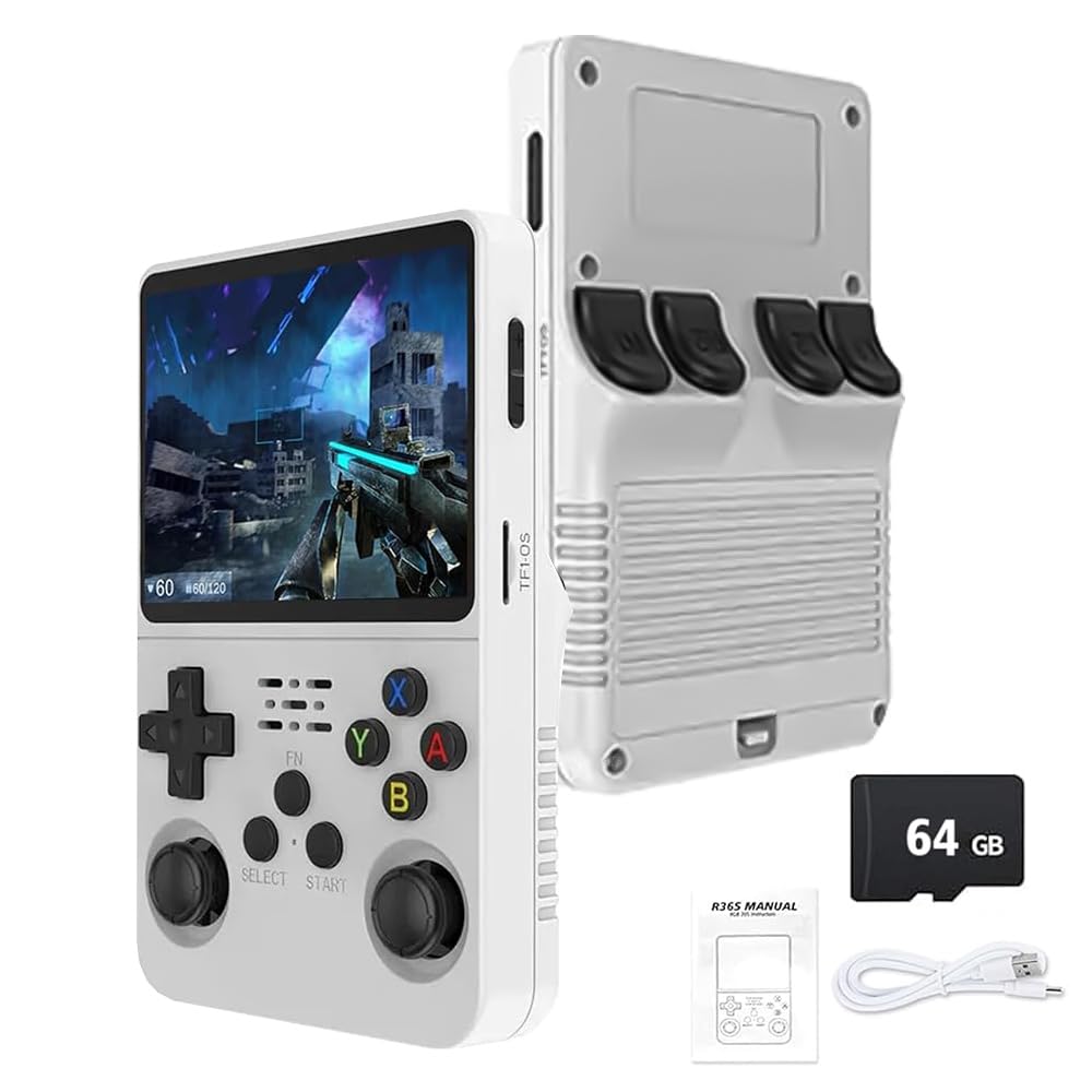R36S Retro Handheld Game Console - 21,000+ Classic Games, 3.5" IPS Screen, 64GB/128GB, Portable Linux Gaming Device (64g-white)