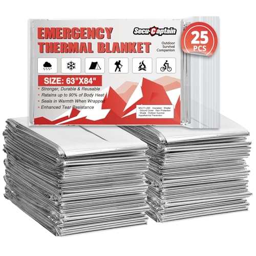 Image of SecuCaptain Survival Emergency Thermal Blankets: 25 Pack Extra Large 84 inch x63 inch Space Mylar Blanket Kit for Outdoor Cold Winter Camping Hiking Car Bug Out Bag or First Aid