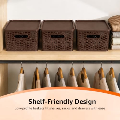 Image of Amazon Basics Set of 3 Plastic Storage Baskets with Lid - Stackable Organiser for Wardrobe, Kitchen, Clothes, Toys, Books, Office, Stationery - Multipurpose (Medium, 36x30x13 cm | Brown, Rectangular