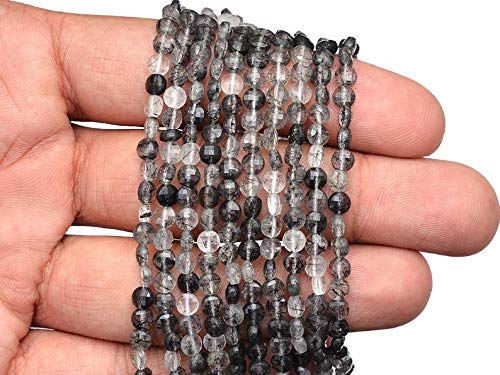 Naturalny czarny kwarc rutylowy 4 mm fasetowane bryolety na monety ~ czarne rutylowe koraliki półszlachetne do biżuterii ~ opakowanie sznurkowe 30 cm z 5 sztukami, ma?y, materiał,