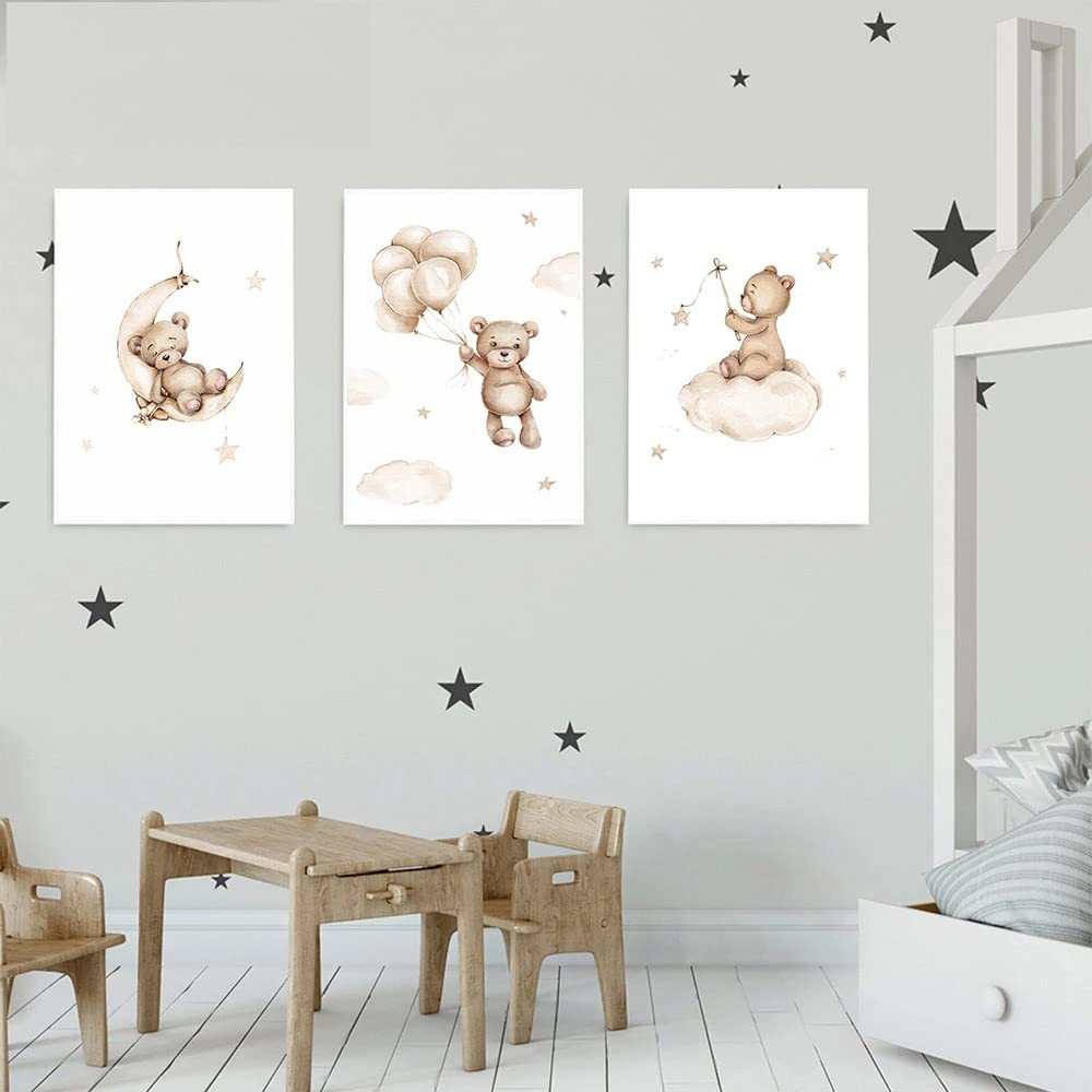 Youihom 3 Stampe per Cameretta Neonato Orso Beige Quadro Camera da Letto Bambini Palloncino Nuvola Luna 30x40 Quadretti Cameretta Ragazzo Stella Poster Tela senza Cornice