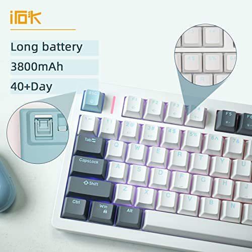 Irok Fe75Pro Hot Swappable Mechanical Keyboard, Wireless Tkl 75% Rgb Customizable Backlit Gaming Keyboard, Bluetooth/2.4G/Wired For Windows Pc Gamers- White/Blue #TOP1