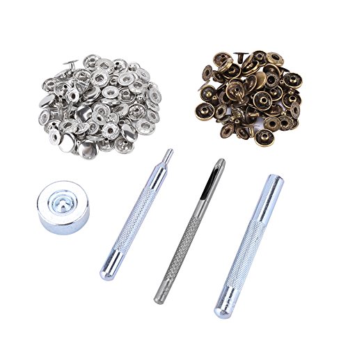 30pcs boutons pression en métal, bouton poussoir en métal 10mm avec ensemble d'outils en cuir pour sacs en tissu de maroquinerie(15sargent + 15bronze) Cover
