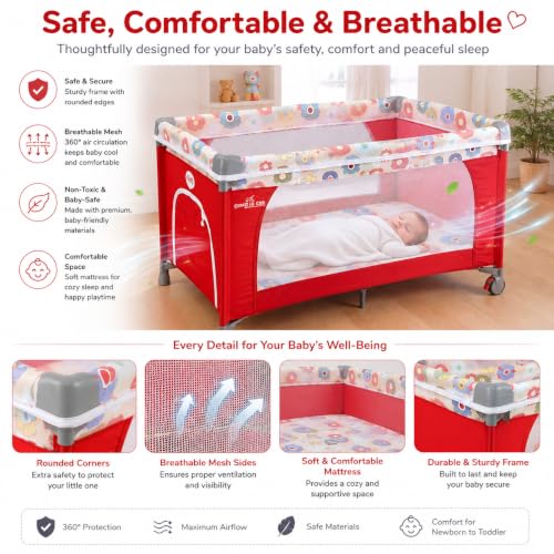 Image of Safe-O-Kid Baby Cot Foldable with Travel Bag | 2-in-1 Baby Playpen & Cot | 1 Year Warranty | Portable Baby Crib with Diaper Changing Station, Music, Toys, Organizer, Breathable Mesh for 0-3 Years - Red