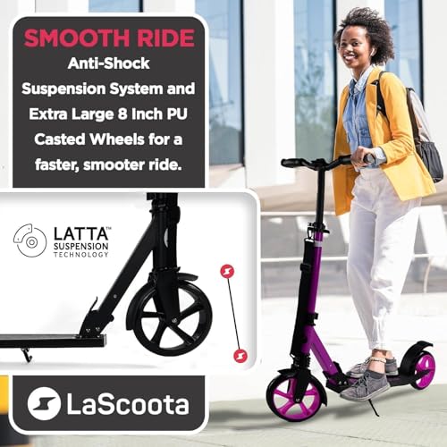 Image of LaScoota Kick Scooter for Kids Ages 6+, Teens & Adults, Large 8 inch Sturdy Urethane Wheels. Adjustable Handlebar, Lightweight, Foldable, 220lbs Max Load