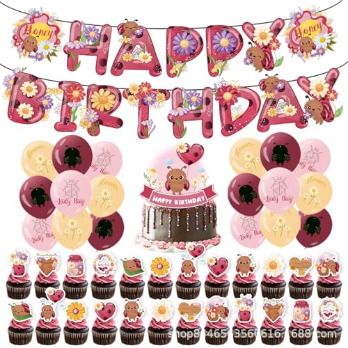 Image of LadyBug Birthday Decoration Set, Cute Cartoon Insect Happy Birthday Banner, Party Supplies with Banner, Hanging Swirl, Balloon, Cake Topper, Cupcake Topper