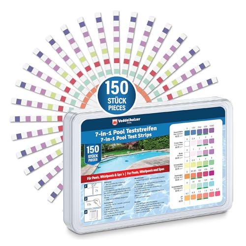 Veddelholzer 7-in-1 Pool Teststreifen (150 Stück) Wassertester für Pools Messung von pH-Wert freiem Chlor Brom Gesamthärte Cyanursäure Alkalinität schnelle Wasseranalyse für Pool Whirlpool & Spa