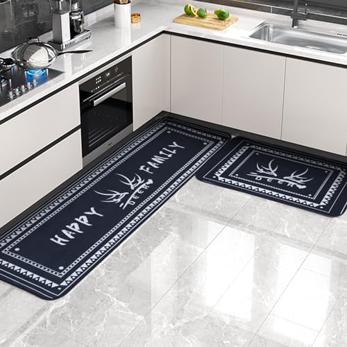 QH Kitchen Rug Sets 2 Pieces Non Slip Rugs Mats Runner Rug 17″x48″+17″x24″ Washable for Floor Hallway Laundry Room Doormat Standing Mat Carpet Black Happy Family