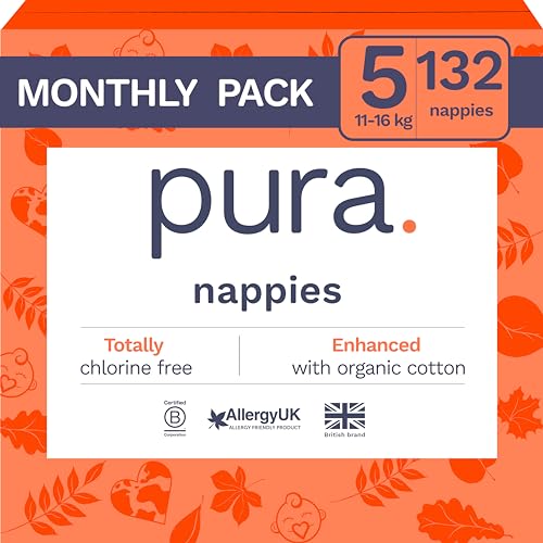 Pura Eco Baby Nappies - Size 5 (11-16kg / 24-35 lbs), 6 x 22 Nappies (132 Total), Monthly Pack, Ultra Soft Nappies for Sensitive Skin, Organic Cotton, Up to 12hrs Leak Protection, New Size Guide