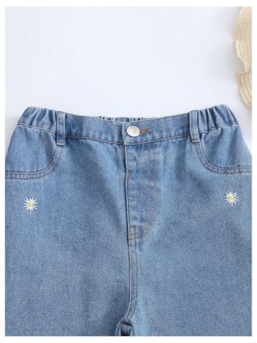 WDIRARA Girl's Floral Embroidery Elastic Waist Wide Leg Long Denim Pants Jeans with Pockets3