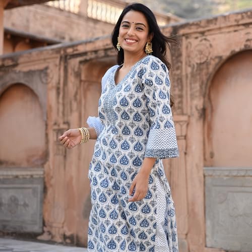 Image of Sidhidata Women's Cotton Blend Printed Kurta Pant and Dupatta Set