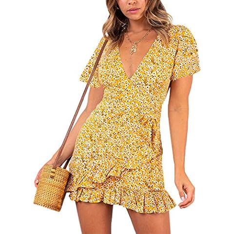 AIMCOO Women's Short Sleeve Wrap Dress Floral Print V Neck Waisted Ruffle Hem Mini Dresses Cover