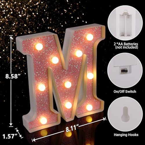 Image of LED Letter Lights Pink Glitter Marquee Letters Light Up Alphabet Letters Sign Battery Powered for Home Party Decoration Night Bar Wedding Birthday Christmas Lamp Girls Gift - Letter M