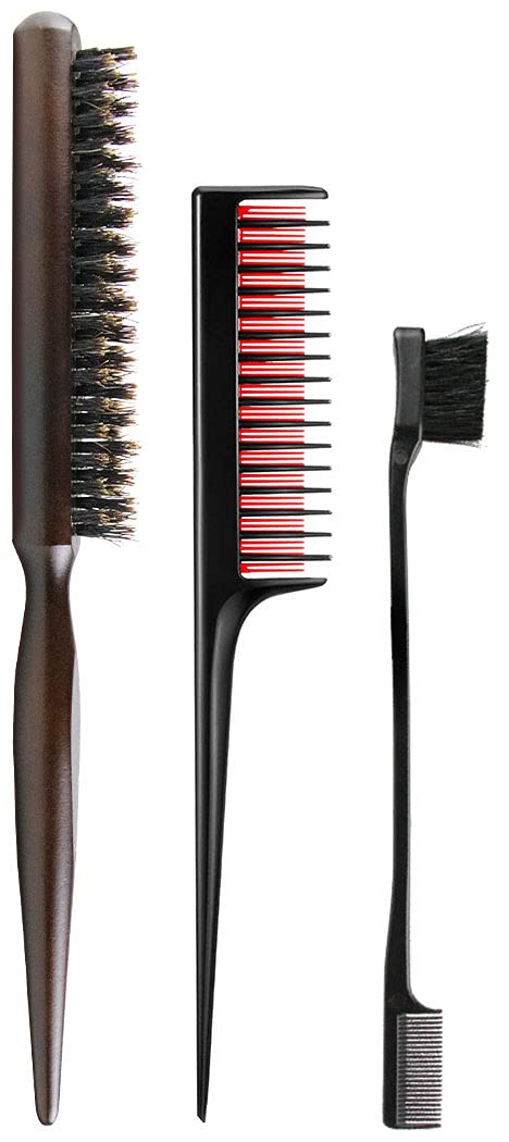 3 Pcs Hair Brush and Comb Set, Boar Bristle Teasing Brush for Smoothing Hair, Three-row Rat Tail Teasing Comb for Hair Detangling & Volumizing, Double Sided Hair Edge Control Brush