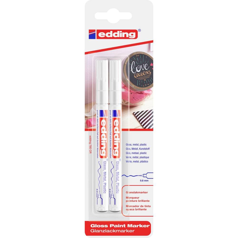 edding 780 gloss paint marker - white - pack of 2 paint markers - extra-fine round tip 0.8 mm - paint pen for glass, pebbles, wood, plastic, paper - waterproof, high coverage