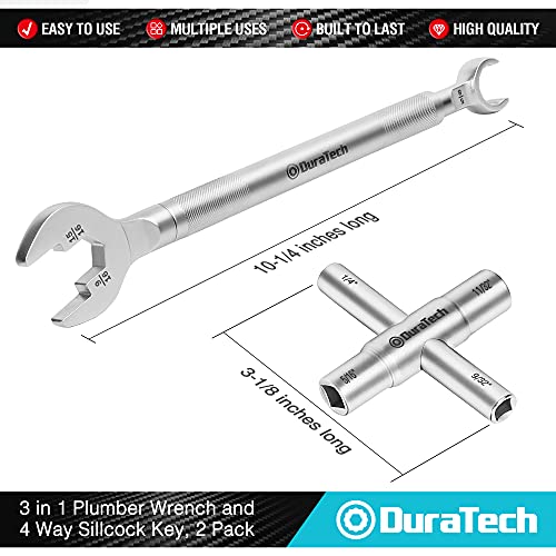 Duratech 3-In-1 Plumber Wrench & 4 Way Sillcock Key, 2-Pack, For Valve, Faucet Nuts, And Spigots #TOP1