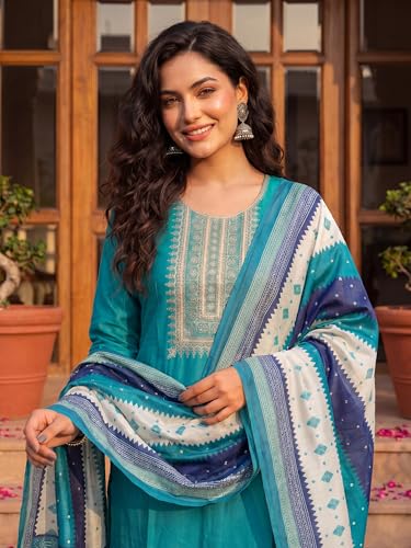 Image of INDO ERA Women's Silk Blend Embroidered Sequinned Kurta & Pant with Dupatta Set