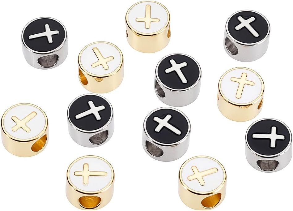 AHANDMAKER 12pcs Real 18K Gold Plated Brass Enamel European Beads Black 5mm Large Hole Beads Flat Round Cross Bead Spacer Charms for Jewelry Crafts Making Gifts for Family/Lover/Friends - Image 6