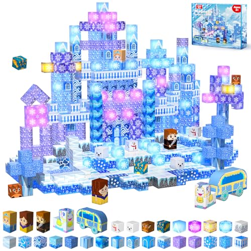 200 PCS Magnetic Blocks with Light Up Blocks - Transparent Magnetic Building Block for Kids Age 3+ Magnet Cubes Blue Castle Magnets Toys Easter Birthday Gift for Boys Girls 4 5 6 7 8 9 10 11 12+